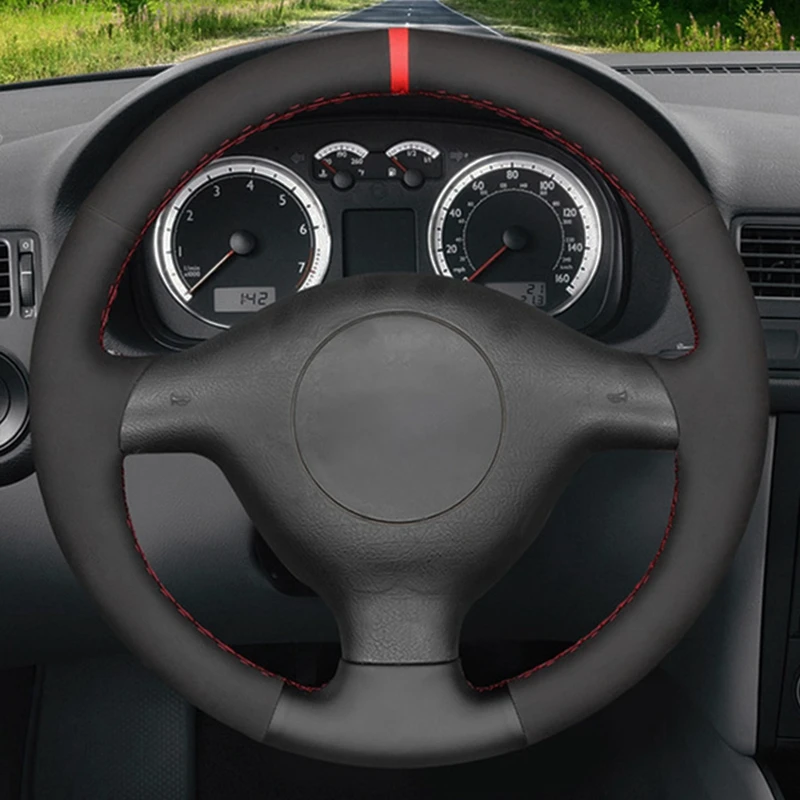 

Car Steering Wheel Cover Black Genuine Leather Suede For Volkswagen VW Bora Seat Leon MK1 1998-2005 Skoda Fabia 1 2004-2005