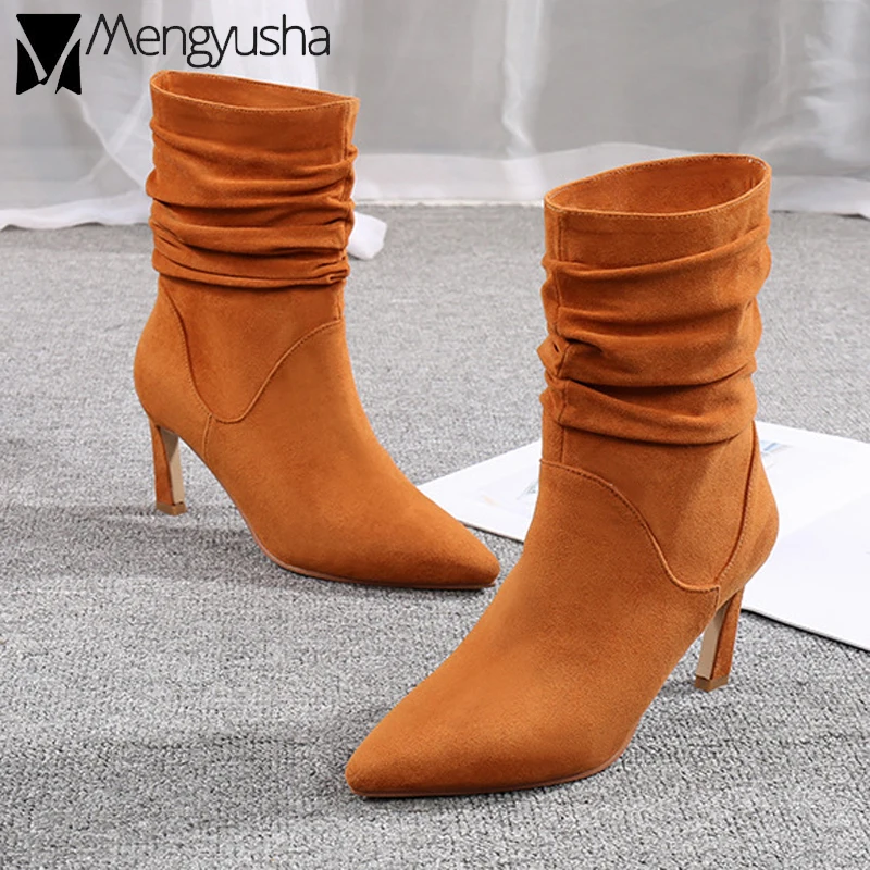 Плиссированные мотоциклетные ботинки из флока коричневые бархатные удобные