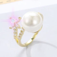 2021 ins new pearl rings open flower shape simple crystal female fancy elegant two color gold white korea fashion jewelry zircon
