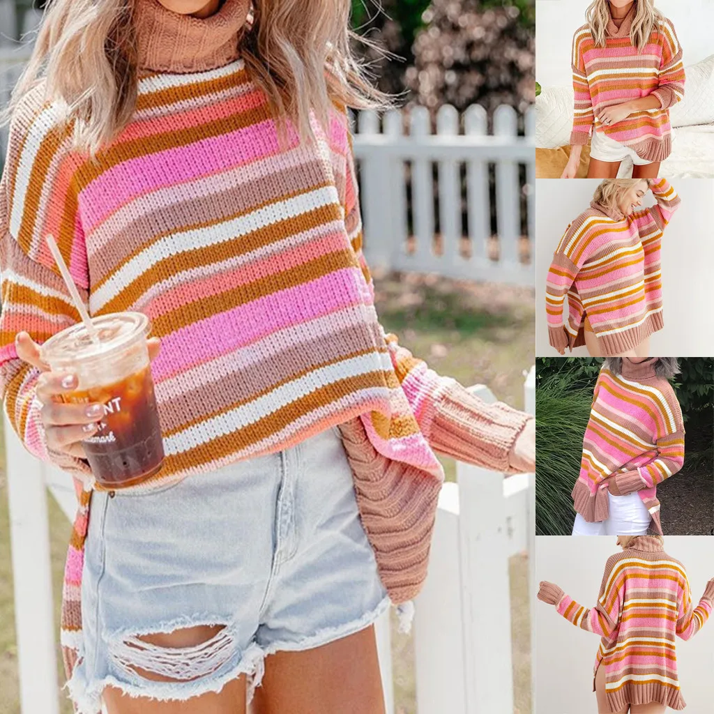 

JAYCOSIN sweaters Women Striped Knitted Sweaters Pullovers New Fashion Girl Turtleneck Long Sleeve Streetwear Autumn Winter top