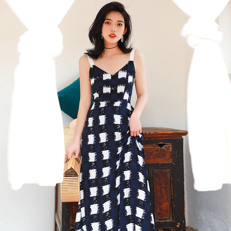 Женское клетчатое платье на бретельках с открытой спиной женское летнее пляжное