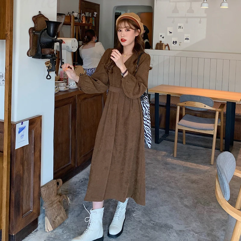 

2021 Spring Chic Black Elegant Dress Women Slim Puff Sleeve V-Neck Button Corduroy Office Vestidos Female One-Piece Dress Korean