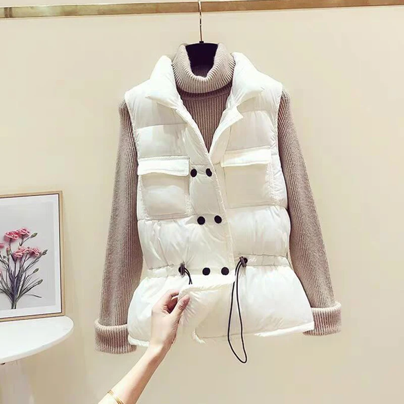 

Cotton Down Vest Women Winter Thick Drawstring Waistcoat Warm Pocket Warm Vests Woman Turn-down Collar Sleeveless