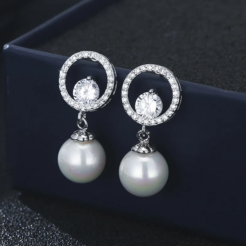 

Creative Classical Round Dangle Pearl Pendant Jewelry Earring Stud Women Copper Zircon High Quality Fashion Daily Jewelry Gift