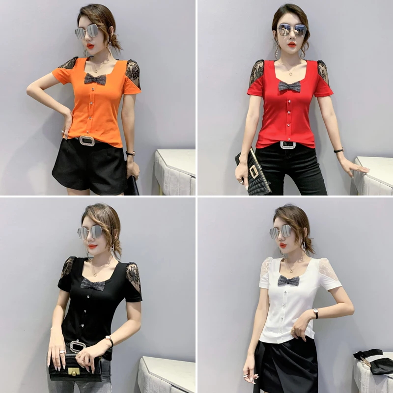 

Summer Short Sleeve Women's T-Shirt New 2021 Fashion Sexy V-Neck Hollow Out Lace Tops Elegant Slim Bow Lady Blusas