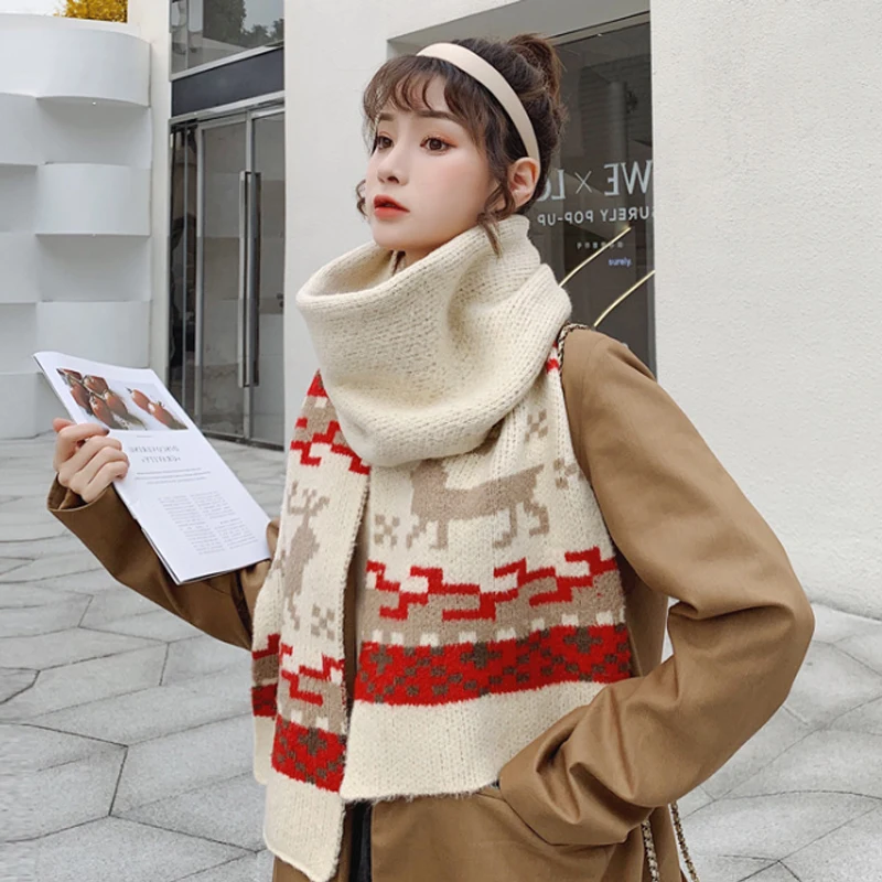 

Female Christmas Deer Scarf Fashion Knitted Scarves Neckerchief Tippet for Women Beige/Red/Blackish Green