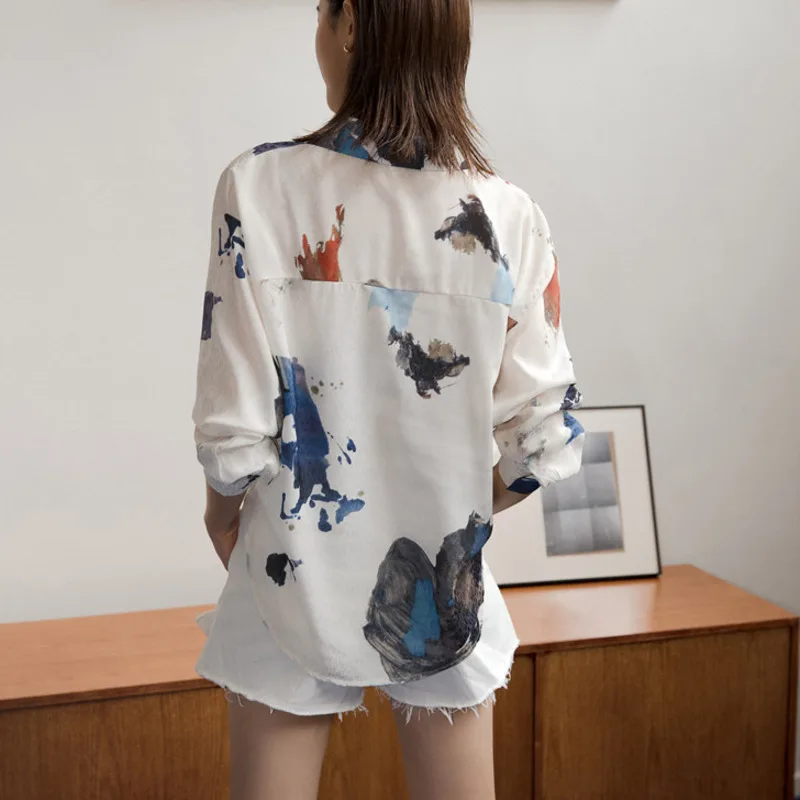 

LANMREM 2021 Summer New Shirt All-match Ink Printing Long Sleeve Lapel Korean Style Loose Top For Female 2T1172