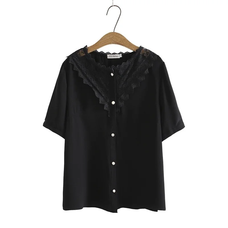 

Женская трикотажная рубашка, с ложными пуговицами, с коротким рукавом, кружевная, в стиле пэчворк, большого размера, размера плюс