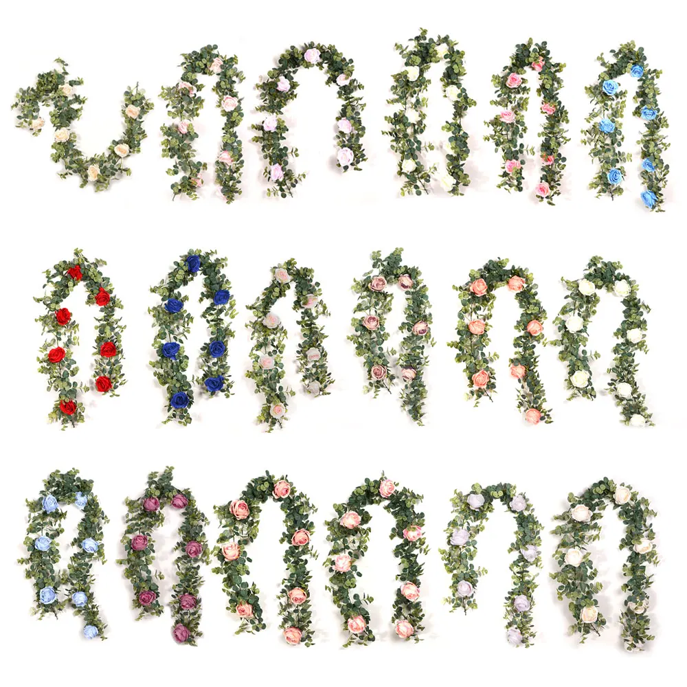 

1pcs Artificial Ross Flower String Home Wedding DIY Flower Decor Garland Greenery Garland Eucalyptus Backdrop Wall Hanging Decor