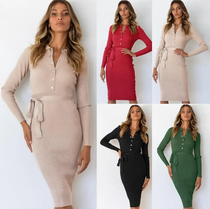 

Осенне-зимние платья для женщин, пуловеры с отложным воротником, элегантное вязаное платье, вечерние приталенные платья-свитеры на пуговиц...