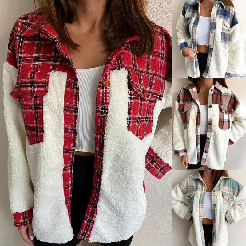 

Fashion Casual Top Coat Women Jacket Single Breasted Long Sleeve Coat Stitching Pocket Jacket Women Plaid Single Breasted Coat