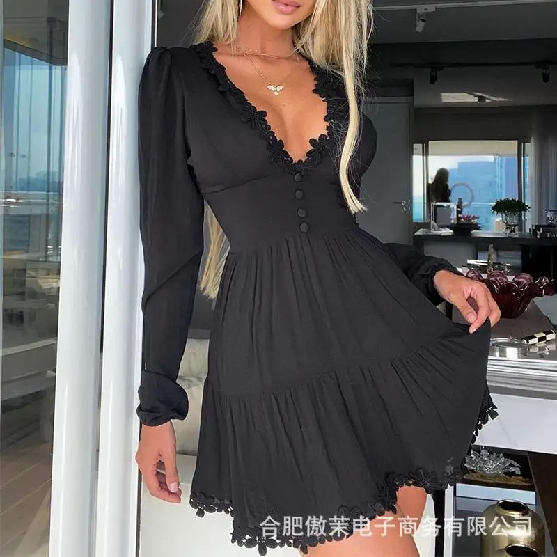 

V-neck lace stitching pleated dress women dresses summer 2020 plus size dress birthday dress for women y2k dress
