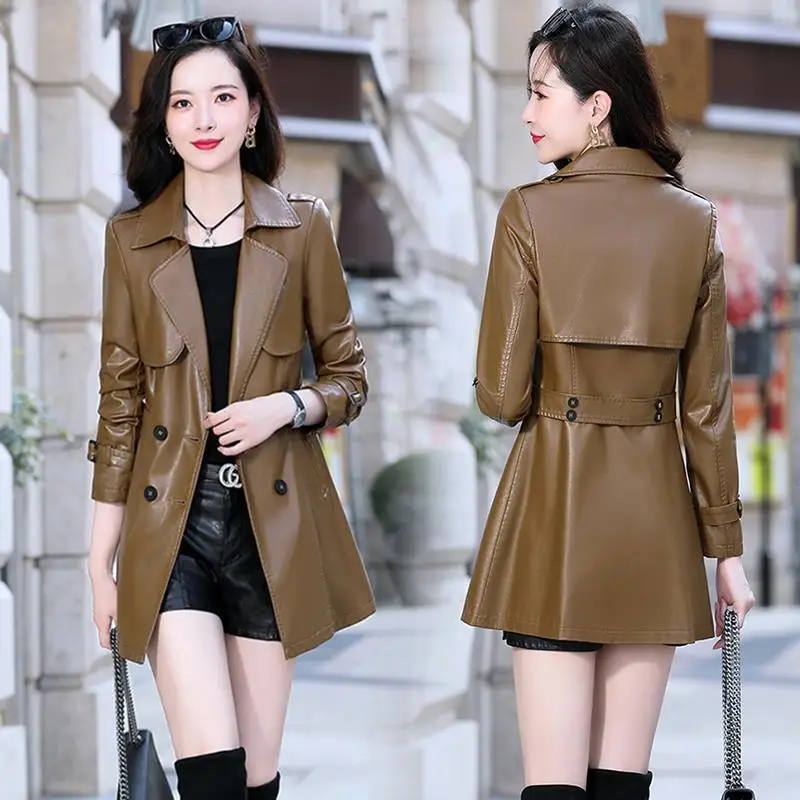 

Women 's Leather Coat 2021 Spring and Autumn Korean Style Young and Middle-Aged Lapel Long-Sleeved Cardigan Double Breasted Fitt