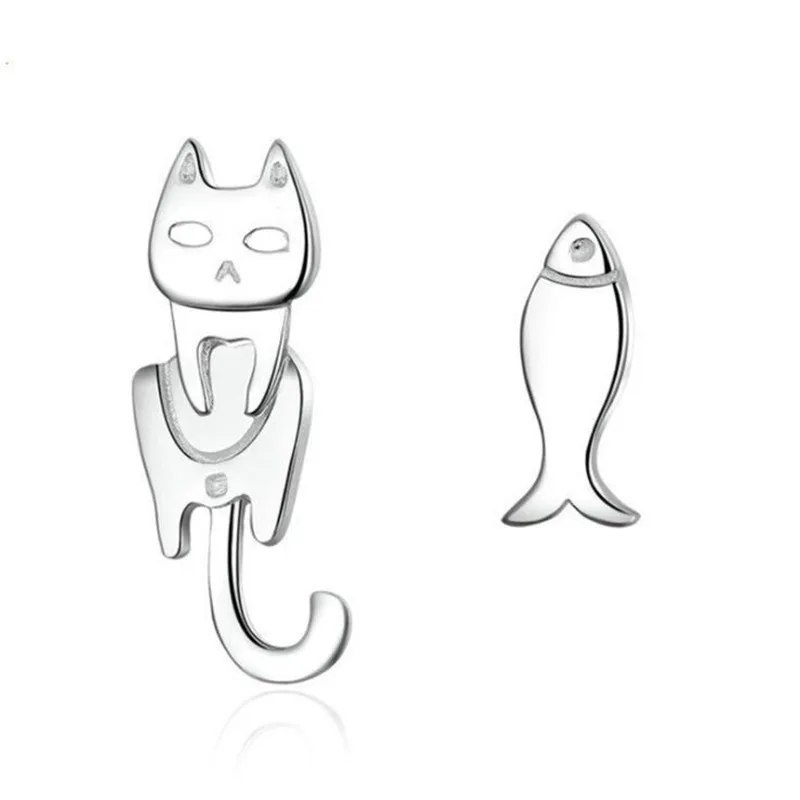 

1Pair Fashion Animal Cat Fish Asymmetric Polish Earring for Women Gift Jewelry Hypoallergenic Stud Earrings Silver Color