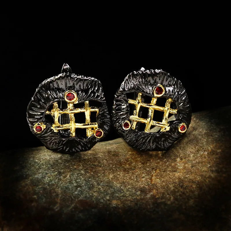 

Charm Female Red Crystal Stone Earrings 14KT Black Gold Wedding Earrings For Women Vintage Hollow Square Stud Earrings