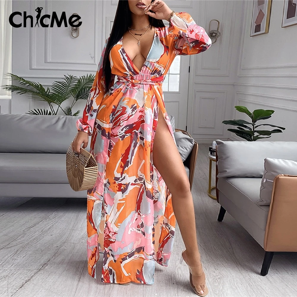 

Chicme Women Colorblock High Slit Plunge Maxi Dress Sexy Ladies Deep V Neck Print Long Sleeve Vestidos Casual Beach Dress