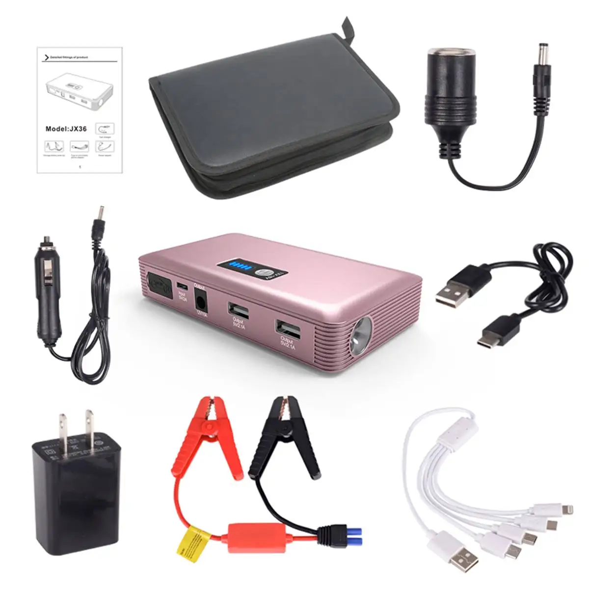 Розовый 98600mAh 12V 1000A Многофункциональный портативный пусковое устройство USB power Bank автомобильный аккумулятор зарядное устройство пусковое устройство EU Plug - Цвет: Розовый