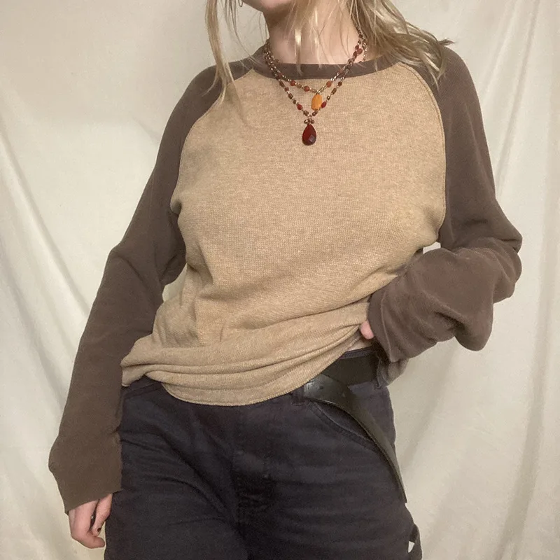 

Casual Tee Women Long Sleeve O-neck Kawaii Solid Tops Spring Autumn y2k Patchwork T Shirt Knitted Harajuku Vintage Pullovers