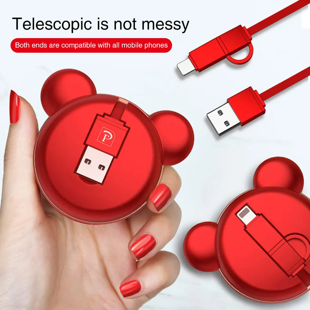 2 в 1 Выдвижной usb кабель для iPhone XR XS Max X 8 милый медведь Micro USB samsung Xiaomi Huawei Android