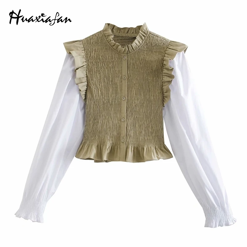 

Huaxiafan Romantic Blouse Tops Women Ruffles Patchwork Elegant Ladies Office Shirts Blouses Female ropa mujer 2021 Spring New