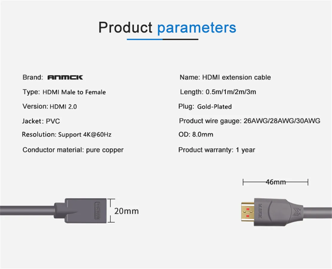 Удлинитель HDMI Anmck 4K 60 Гц Удлинительный кабель 2 0 типа Папа-мама для HDTV Nintendo Switch PS4/3 5