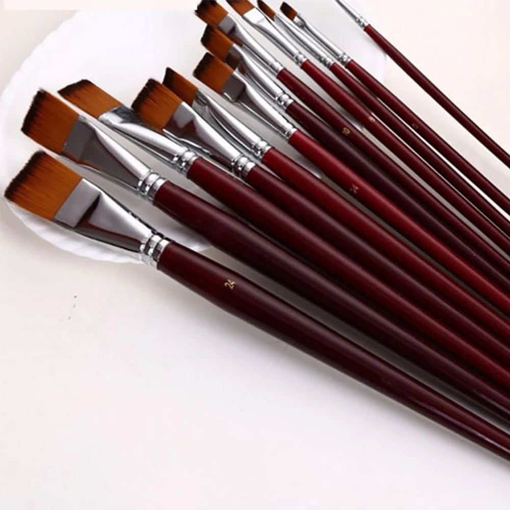

12 pcs Two-color nylon hair flat peak oil brush 1 sets of brushes art water-colour paint brush school educational supplies
