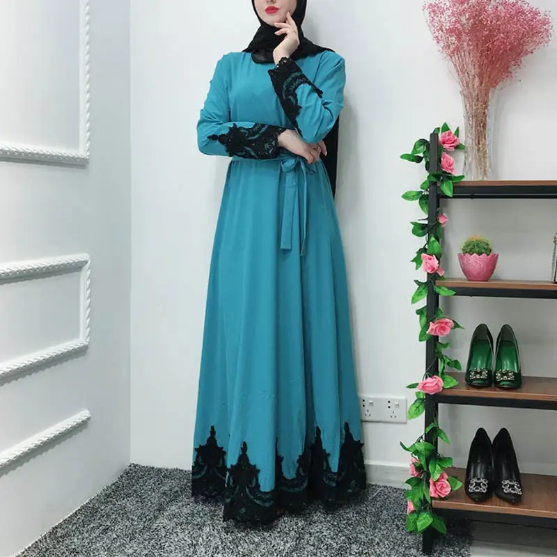 MISSJOY/розовые платья для женщин; модное лоскутное платье с длинным рукавом для молитвы в Дубае; Абая; турецкий ислам; Макси-платье; мусульманская клеид; Арабская одежда - Цвет: Blue