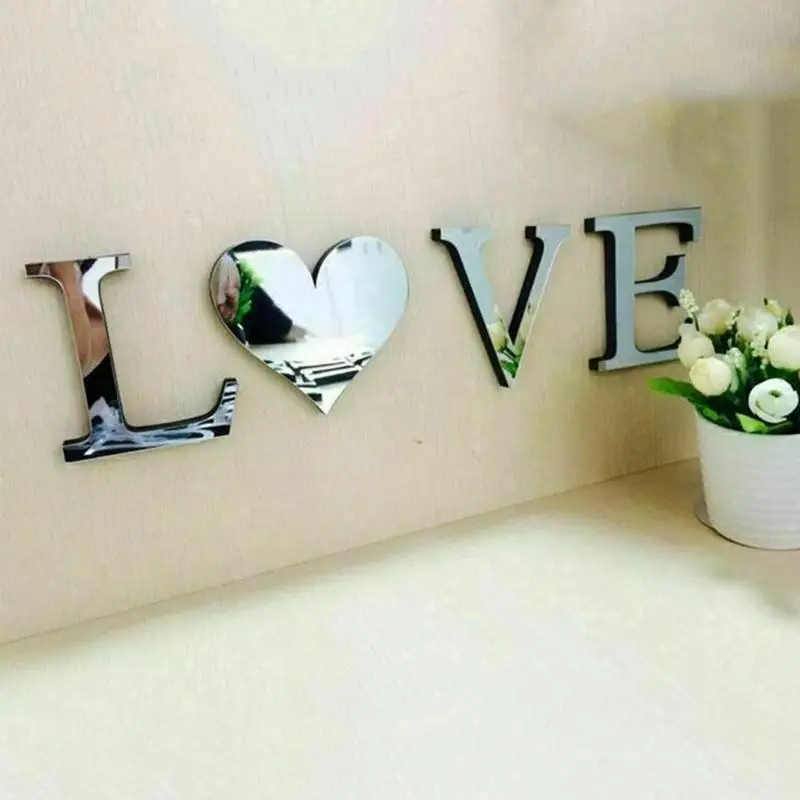 

Silver Mirror Acrylic LOVE Letters HOME FAMILY Wall Furniture Self Adhesive DIY Stickers 10cm