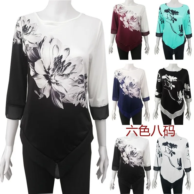 

Футболка женская обувь на лето-осень, Цветочный Принт по Размеры d печать 3/4 рукав повседневное низ неравномерность женский Модная Джинсова...