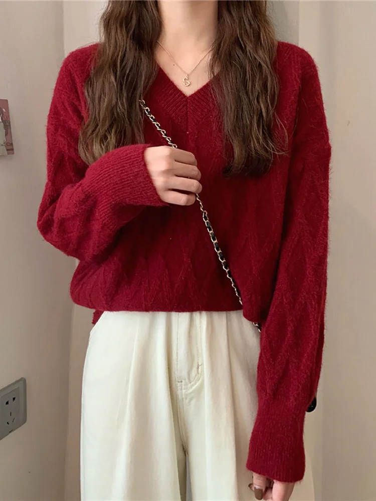 

Red Sweater Women's Clothing Autumn and Winter New Korean Gentle Lazy Wind Loose V-neck Pullover Sweater Top