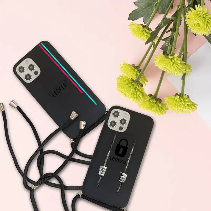 

ins black series locked Phone Case For iPhone 7 8 11 12 X XS XR MINI Pro Max Plus Strap Cord Chain Lanyard soft