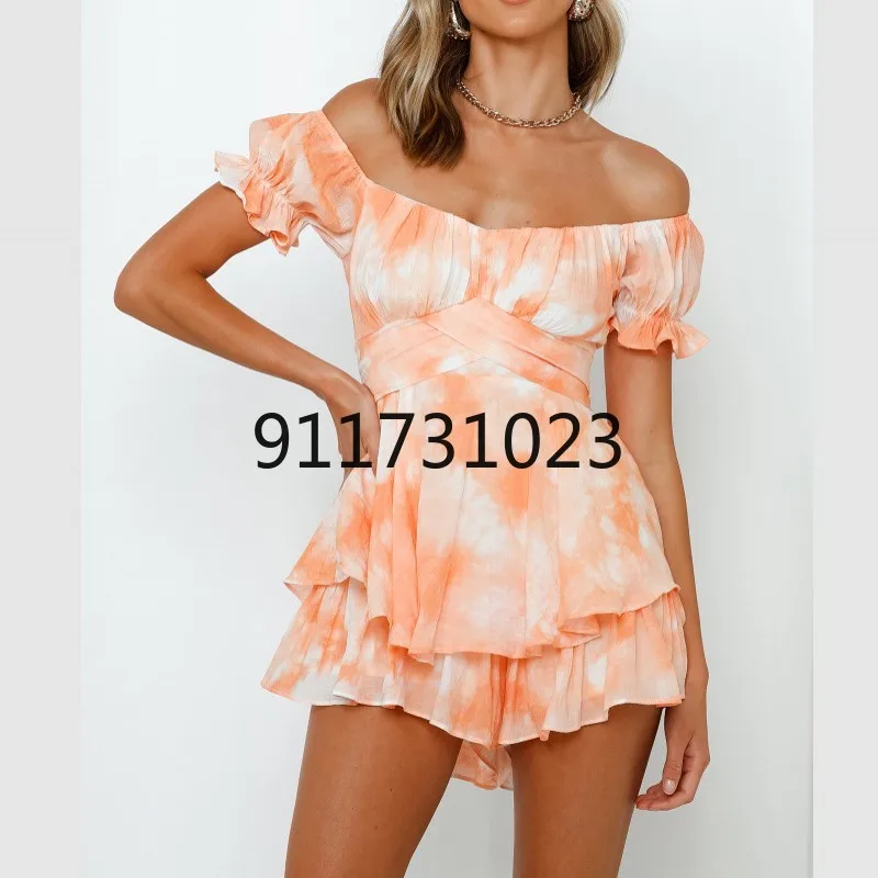 Bohemian Floral Leopard Print Ruffled Casual Short Playsuits Women's Summer Sleeve Slash Neck Jumpsuit Loose Overalls | Тематическая