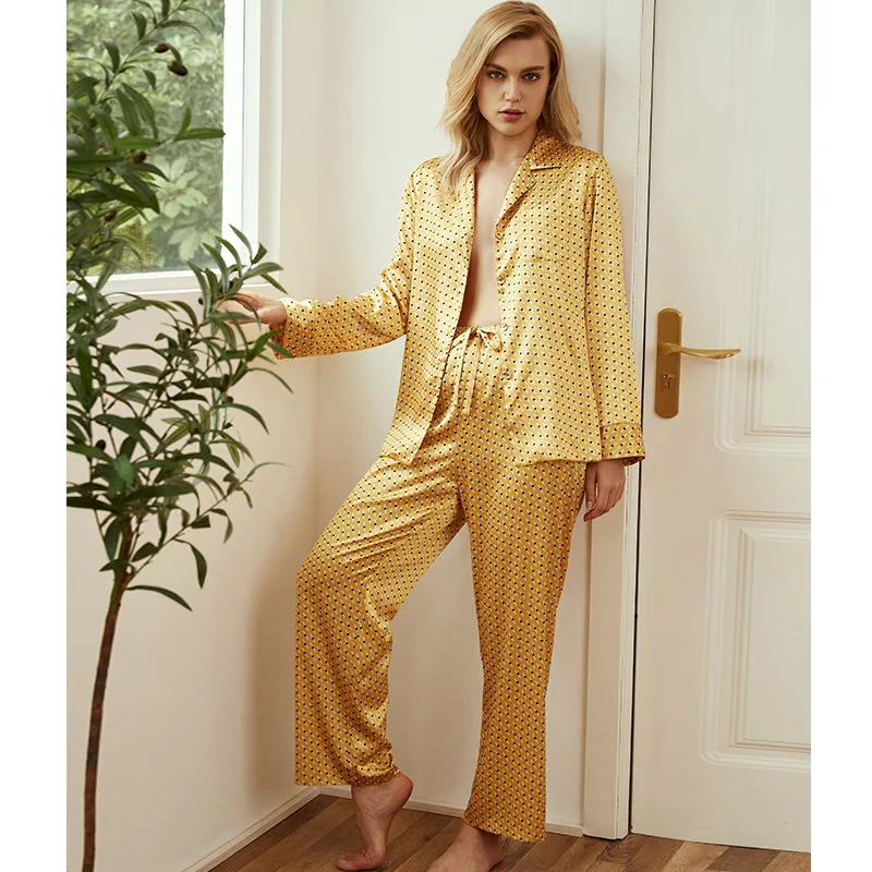 Women Stain Pajama Sets Dot Printed Silk-like Glossy Long Sleeve Top and Pants Nightwear Ladies Homewear Loungewear