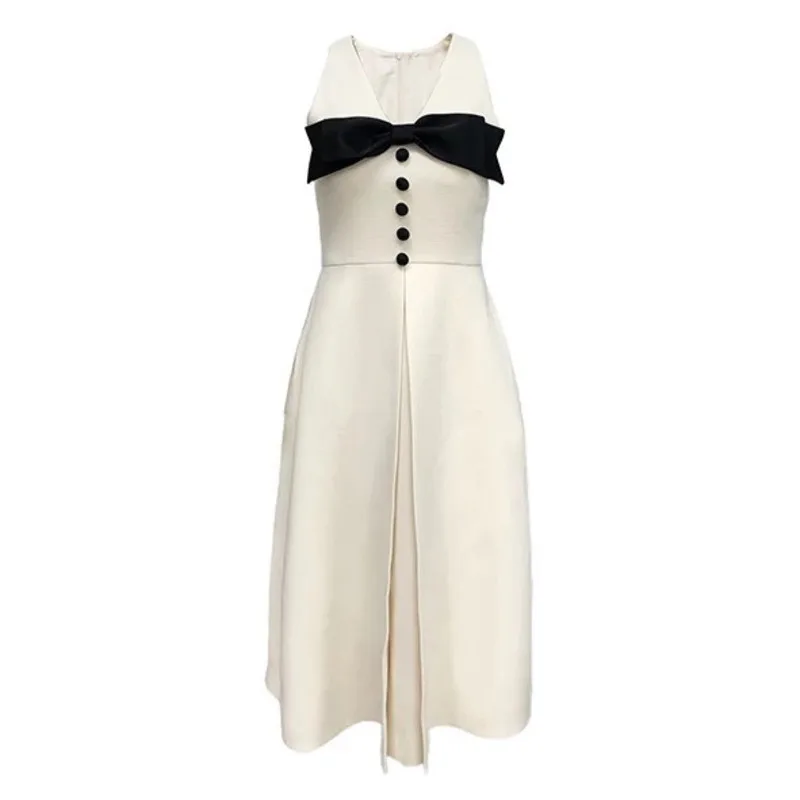 

DEAT 2021 New Women Fashion Slim Apricot V-neck Sleeveless Patchwork Bowknot Sling A-line High Waist Dress Summer Autumn 7E7081