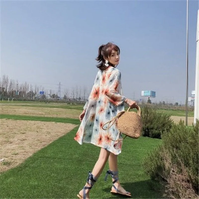 

Винтажные Цветочный принт рубашки свободного кроя шаль Блузка-кимоно с принтом кардиган в стиле «Бохо пляжные женские топы миди Солнцезащи...