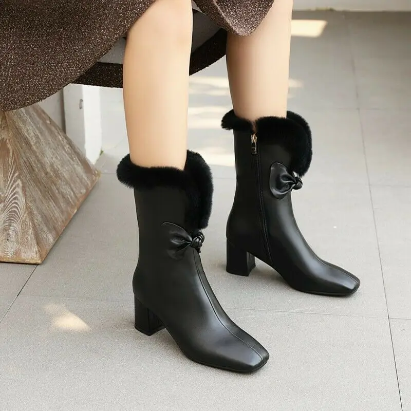 

New Women's Bowknot Winter Work Chunky Heel Square Toe Mid Calf Boots Plus Size