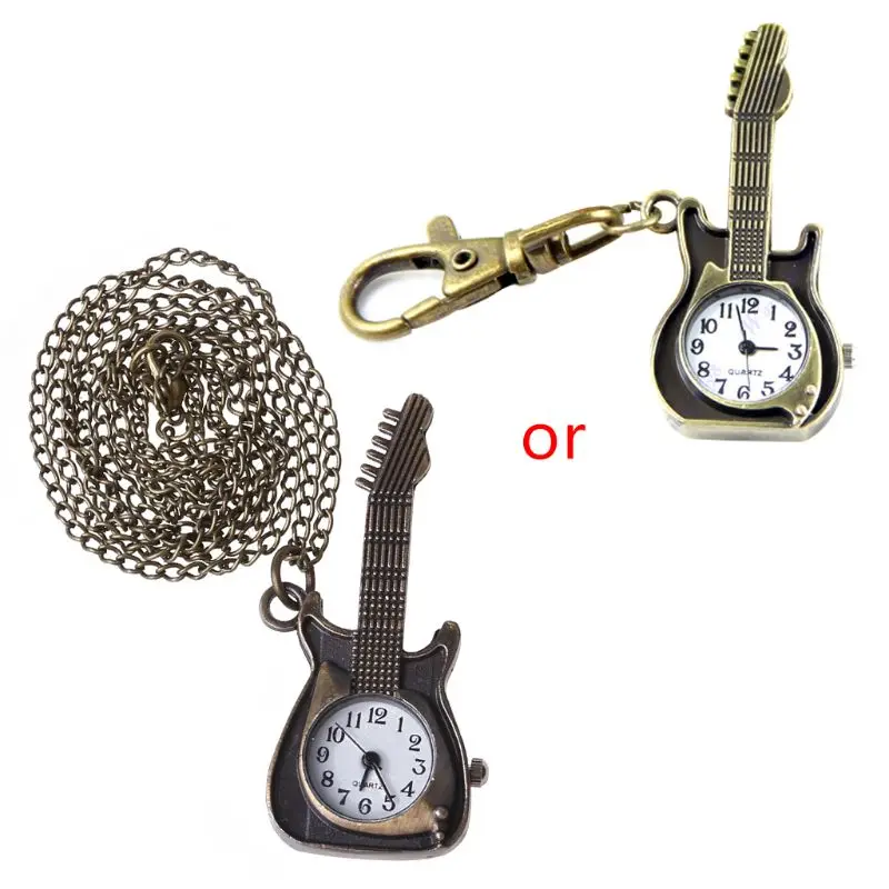 

Retro Unique Bronze Design Guitar Pocket Quartz Pendant Key Chain Watch new