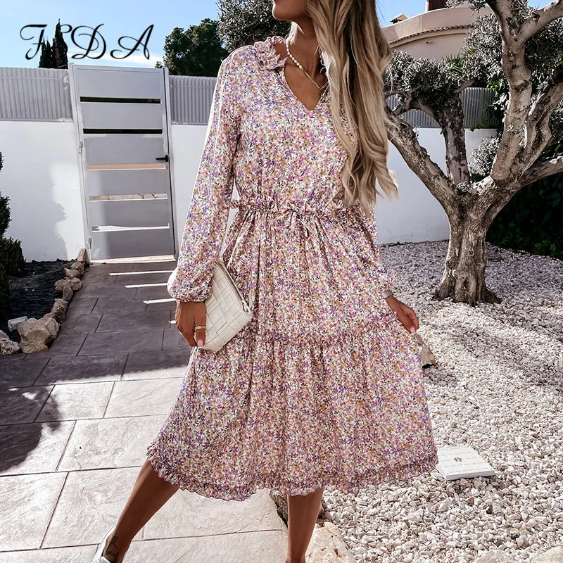 

FSDA Summer Spring 2021 Floral Print Dress Boho Women V Neck A Line Ruffles Beach Elegant Blue Casual Midi Dresses
