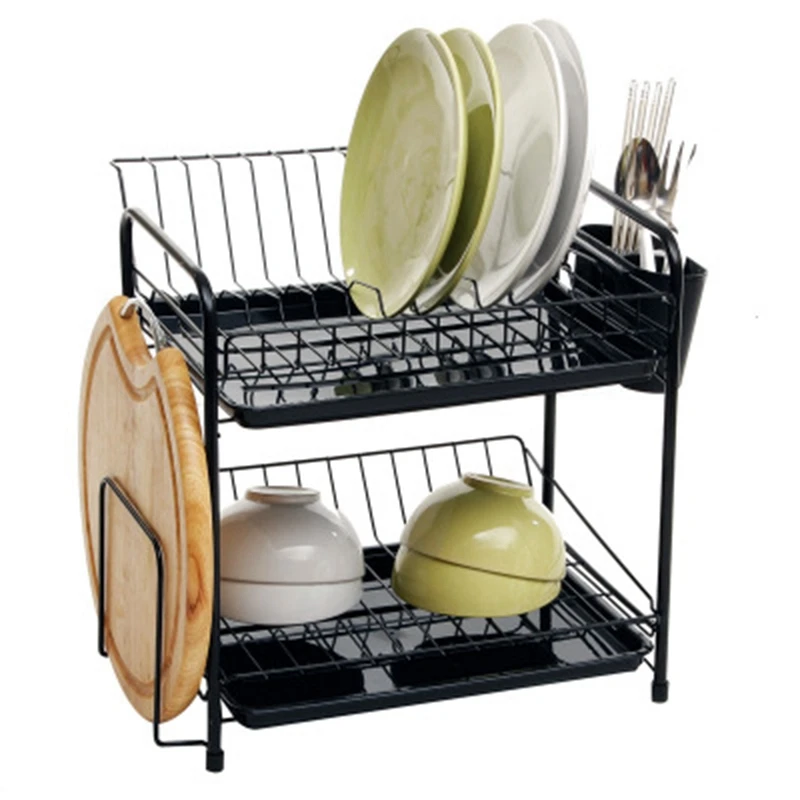 

Dish Rack Set 2-Tier Kitchen Organizer Tools & Double Layers Rack Metal Kitchen Bedroom Desk Organizer Black