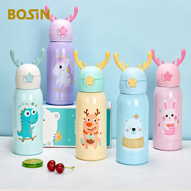 Мультяшный детский термос бутылка для воды с соломинкой и ремешком крышка