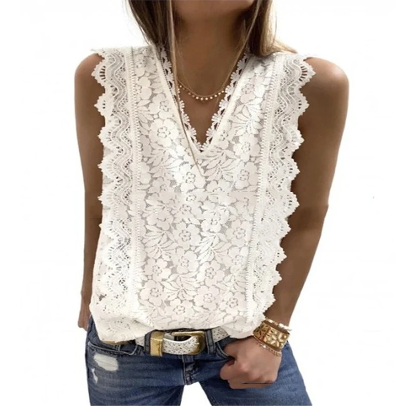 

2020 Sexy Lace See Through Hollow Sleeveless Blouses Women Off Shoulder V-neck Slim Solid Top Blusas Summer Casual Shirt SJ6419V