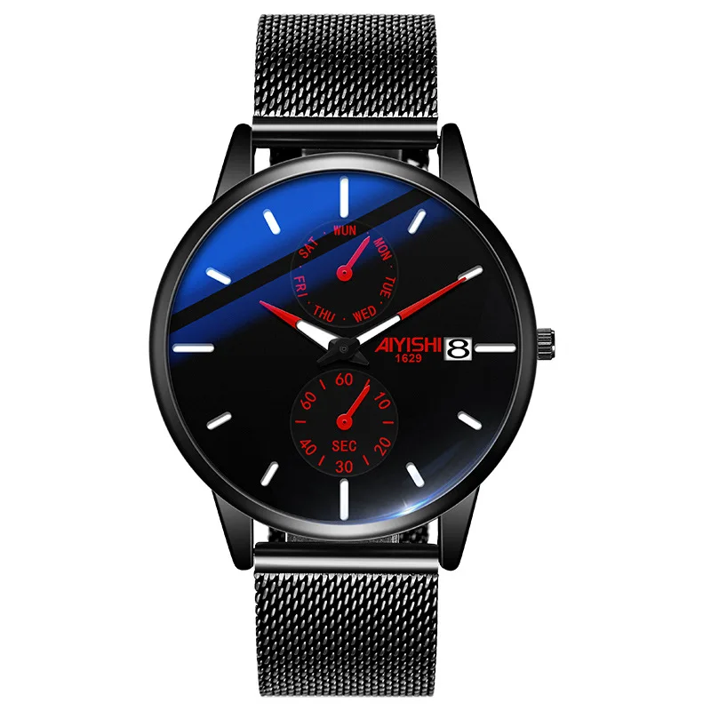 

AIYISHI 1629 Fashion Simple Mens Watch Ultra Thin Milan with Night Light Waterproof Week Display Watch