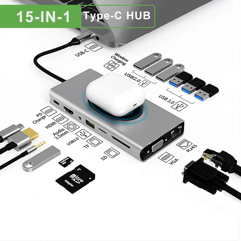 

New Design 15 in 1 USB-C Hub to USB 3.0 Converter Adapter wireless charger Type C Hub Multi Function Hub type C PD Adapter