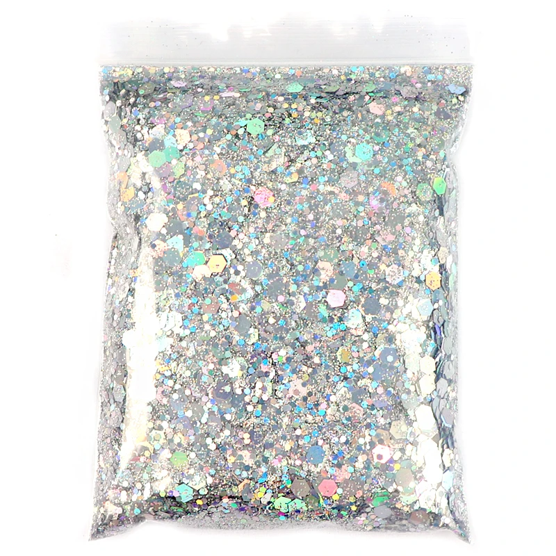 50G Holographic Mixed Hexagon Shape Chunky Nail Glitter Silver Sequins Laser Sparkly Flakes Slices Manicure Nails Art Decoration