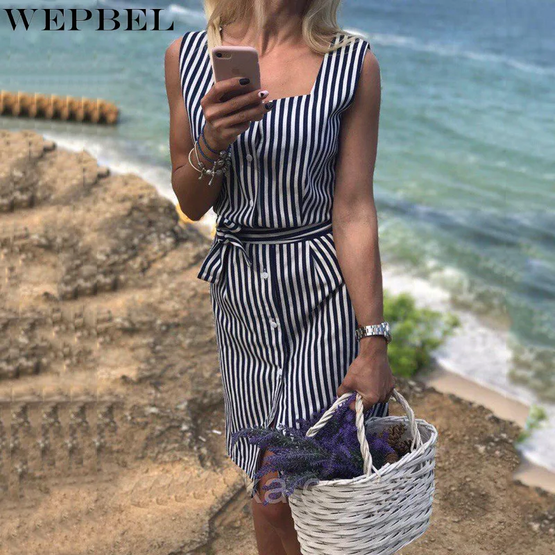 

WEPBEL Striped Dress Women's Sexy Split Dress Summer Fashion Single-Breasted Spaghetti Strap Square Collar Beach Straight Dress