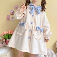 japanese preppy style sweet girl lolita coat kawaii sailor collar bow cute long sleeve single breasted winter woolen outerweat