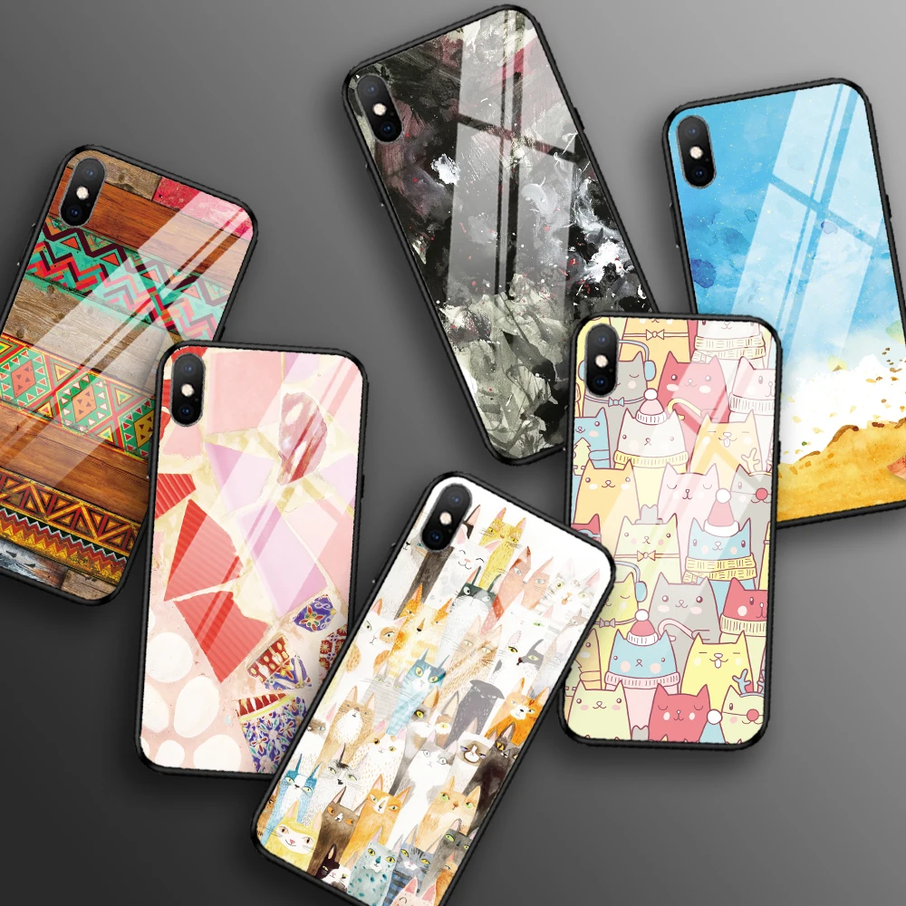 Цветной чехол для телефона iPhone 11 XR X XS MAX противоударный из закаленного стекла 7 8