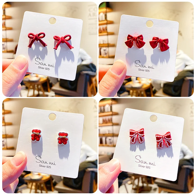 Милые серьги для женщин и девочек с красным жемчугом бантом сердцем медведем