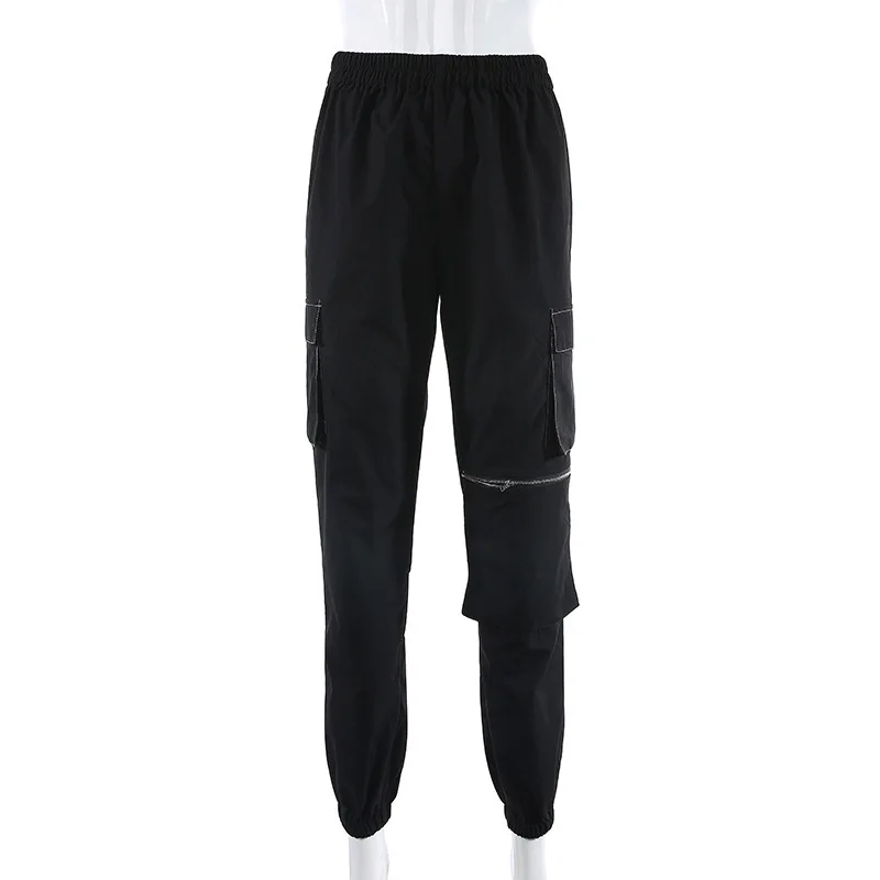 

YYXZ Spring Fashion Slim Safari Style Solid Color Big Pocket SML High Waist Elastic Waist Black Woman Casual Pants Lady Trousers