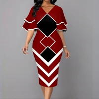 elegant v neck geometric printed evening party dress women casual layered bell sleeve office lady bodycon dresses sexy vestido